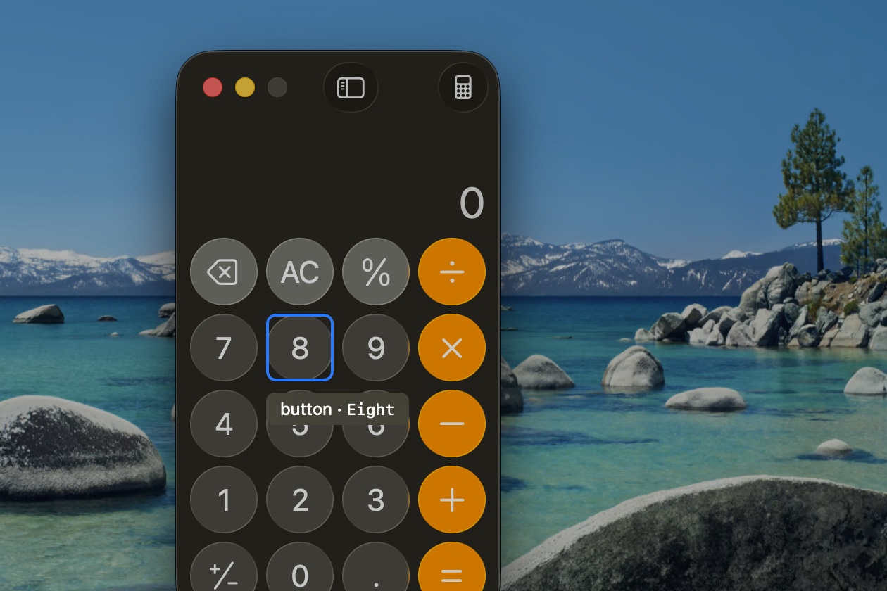 The overlay over Calculator: the 8 key outlined in blue, with the label button · Eight beneath it