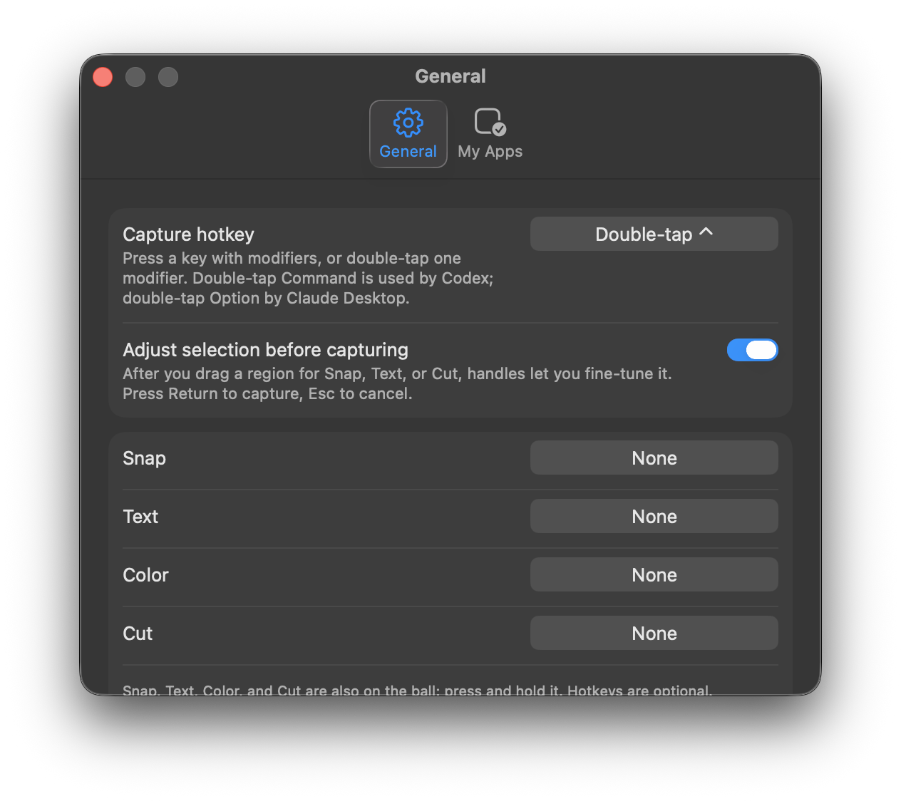 Deixis Settings window, General tab: capture hotkey set to double-tap Control, a toggle to adjust the selection before capturing, and per-action hotkeys for Snap, Text, Color, and Cut
